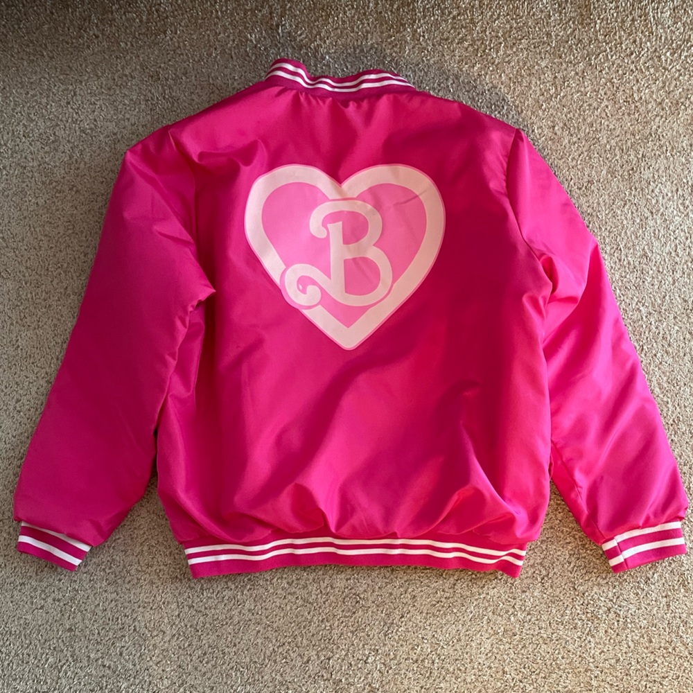 Girl’s Barbie Bomber Jacket hot pink striped warm oversize classic XL - Picture 4 of 5
